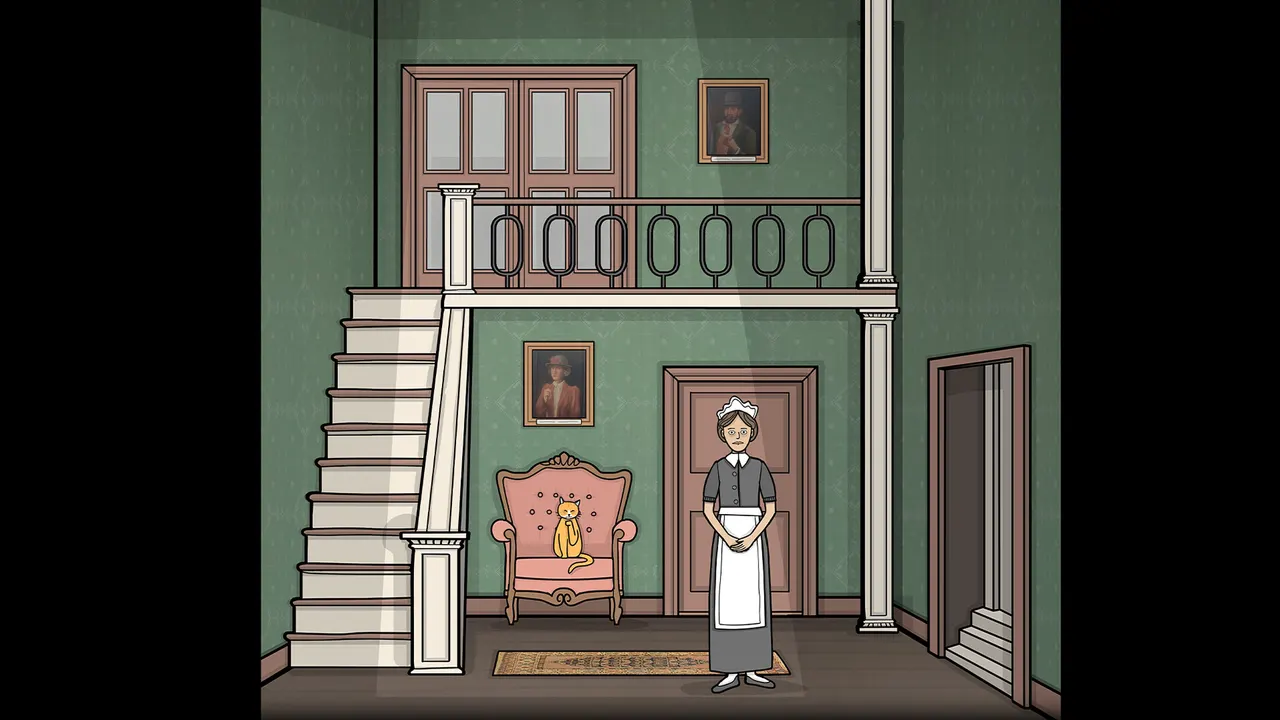 The Vanderboom estate entrance hall and its maid
